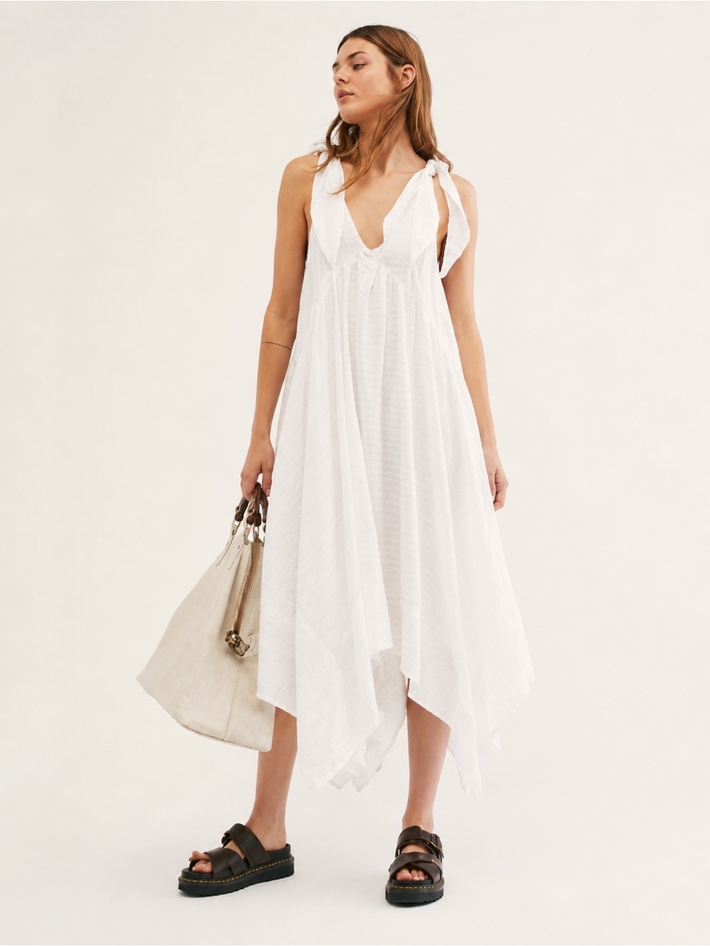 FREE PEOPLE White Tie-Shoulder Handkerchief Hem Dress